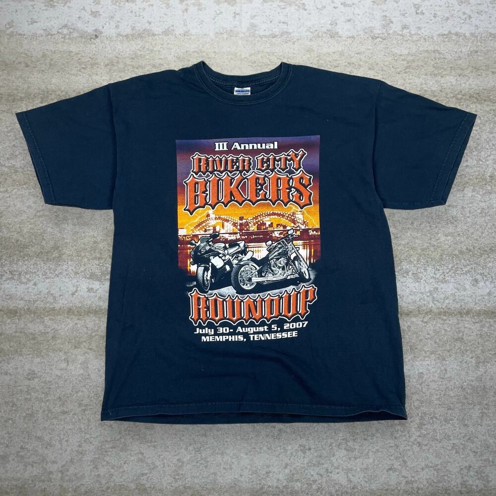 Vintage Y2K Memphis Biker Shirt Mens XL Jet Black Cotton Short Sleeve T Orange